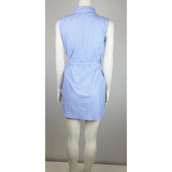 WOMEN'S BLUE STRIPED SLEEVELESS BELTED SHIRT DRESS - TRUE DESTINY - SIZE M - Picture 8 of 9